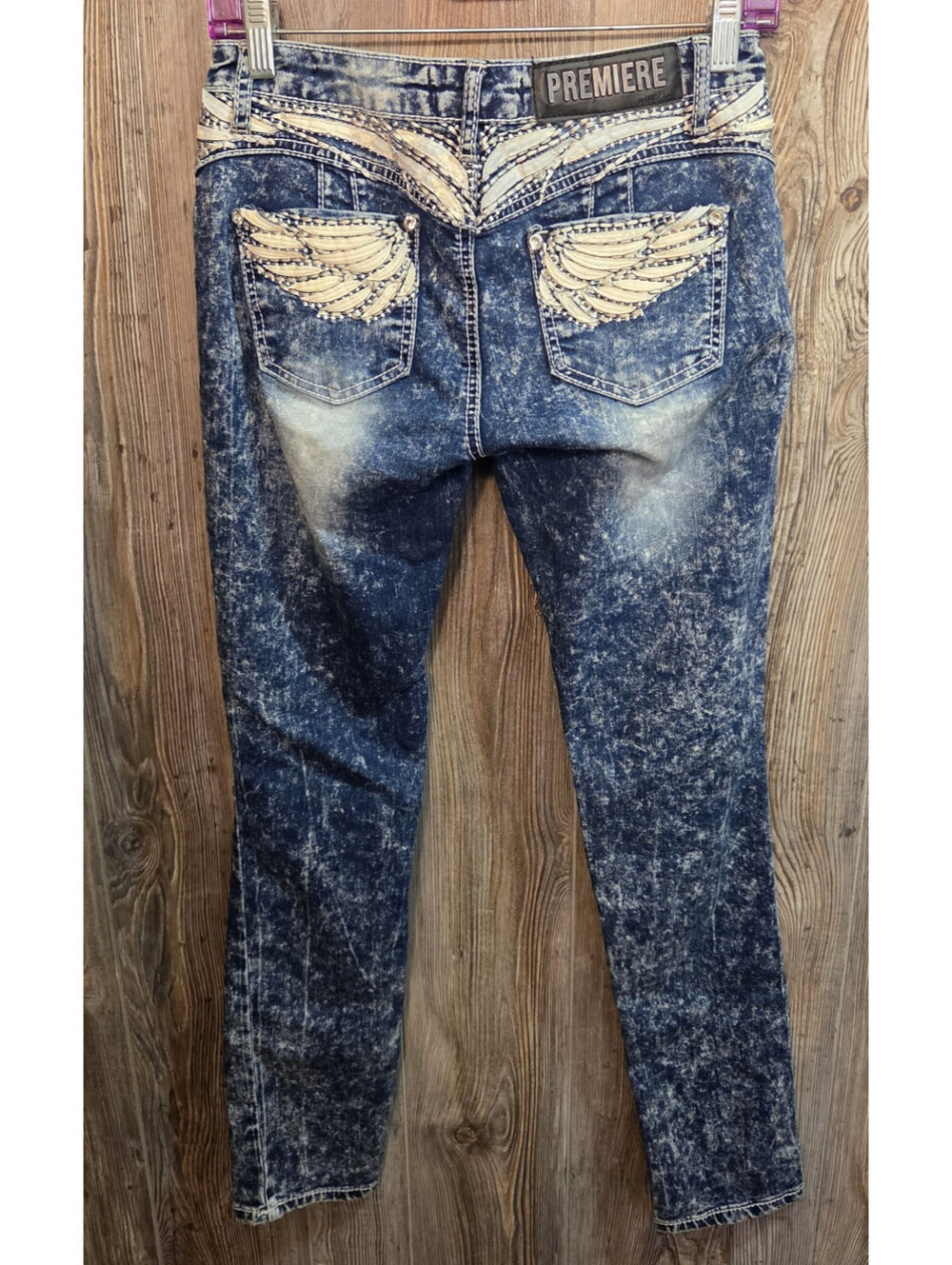 Premier by Rue 21 Jeans Low Rise Skinny Size 3/4 (28x30) Angel Wings Acid Wash